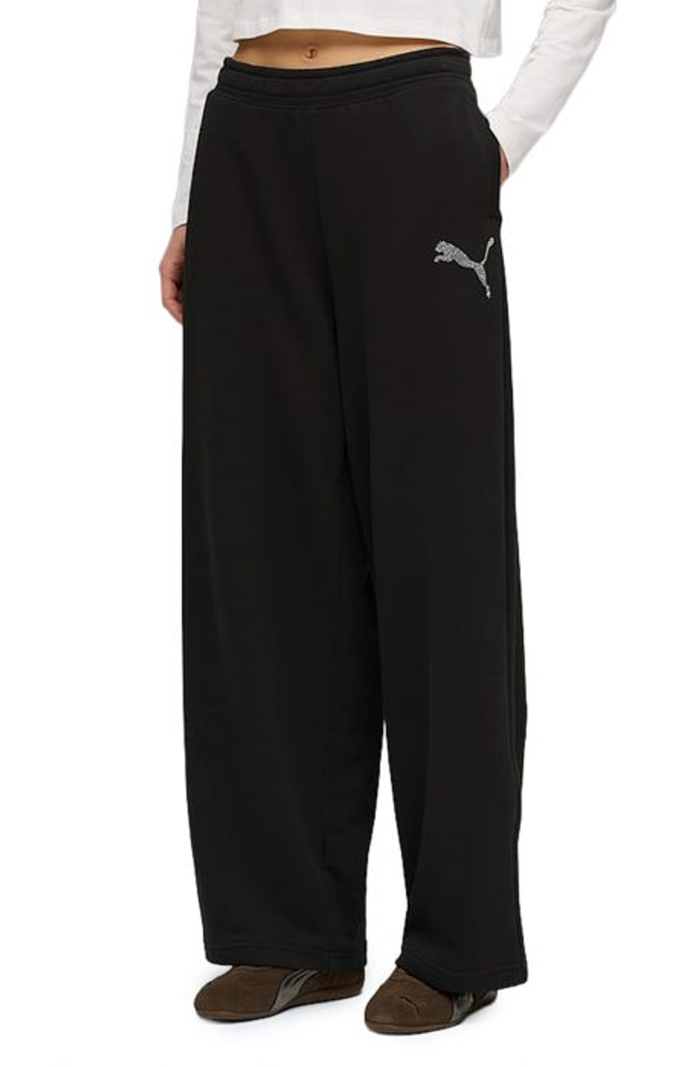 Брюки спортивные женские PUMA ESS GRAPHIC LEO LUXE Bedazzled Slouchy Pants TR