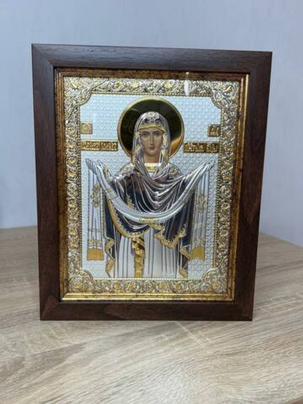 Покрова БМ, икона прямоугольная в рамке под стеклом, красное дерево 170х210