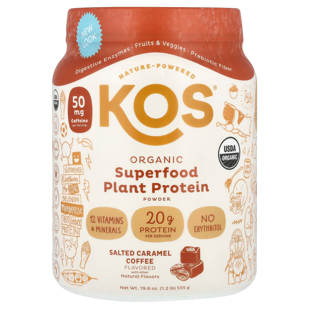 KOS, Органический порошок из растительного белка Superfood, кофе с соленой карамелью, 555 г (1,2 фунта)