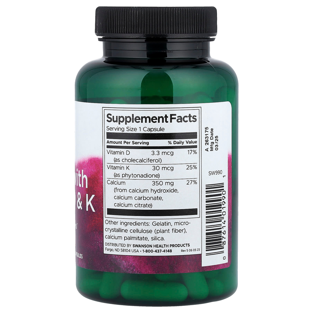 Swanson, Кальций с витаминами D и K, 100 капсул