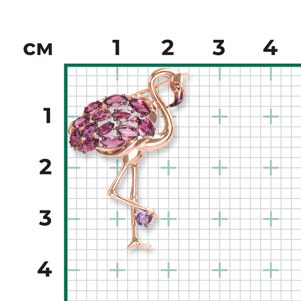 Брошь «Фламинго» из красного золота c гранатами, аметистом и эмалью Артикул: 04-0227-00-257-1110-57