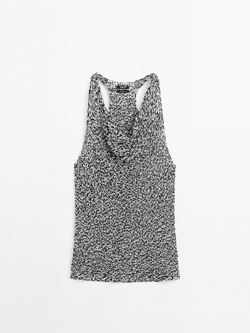 Massimo Dutti Трикотажный топ с драпировкой и меланжевым узором, натуральный, кремовый