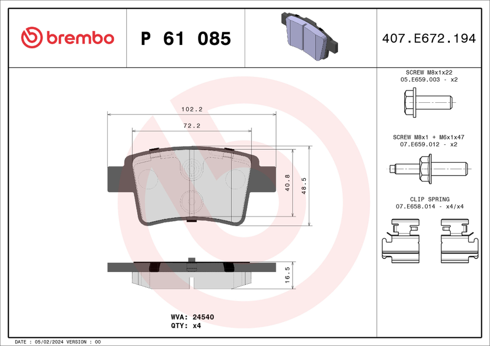 BREMBO - P61085-BRB - Brake Pad Set, disc brake