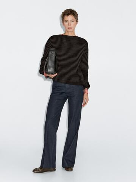 Massimo Dutti Свитер из 100% шерсти в полоску, шоколадный