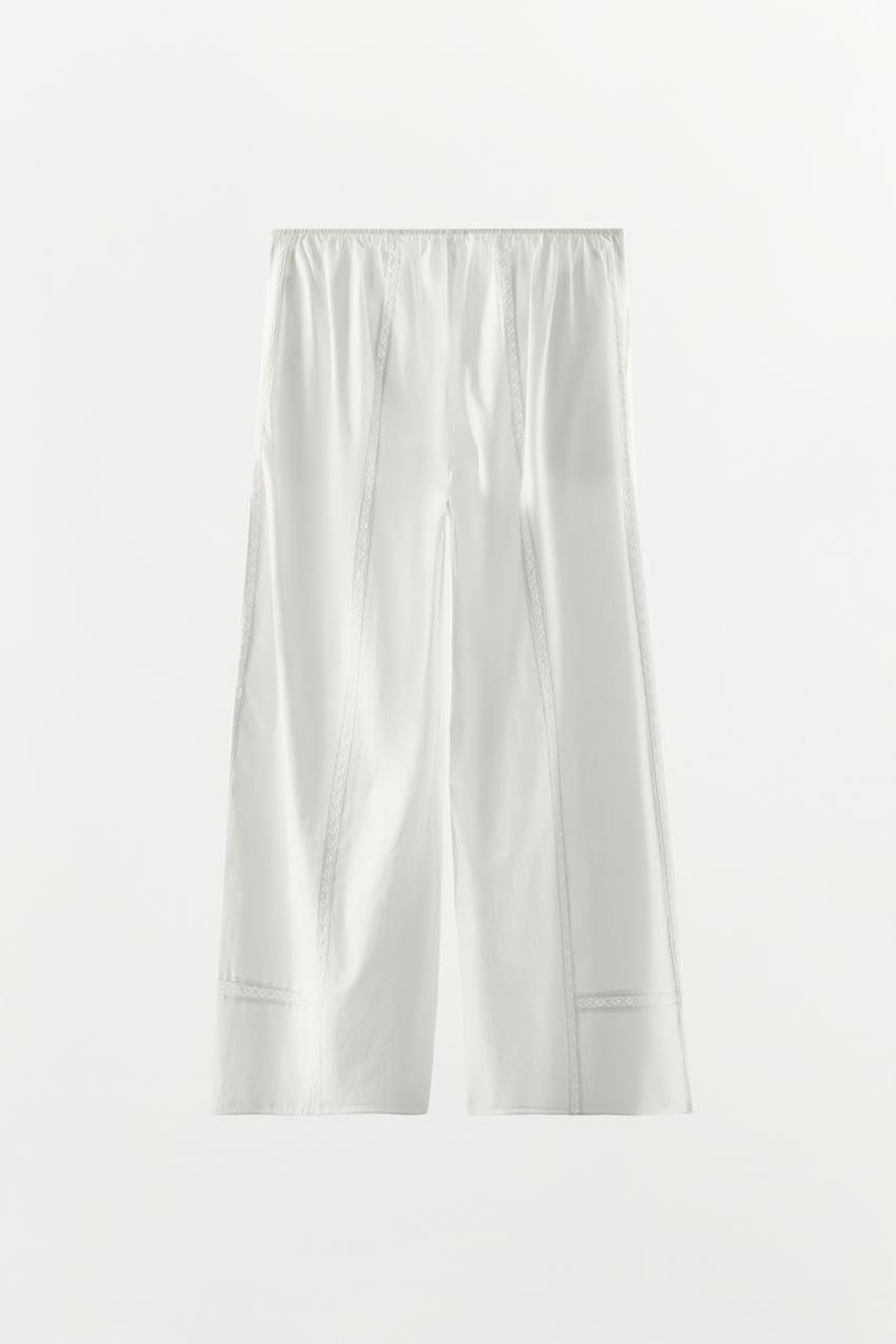 ZARA БРЮКИ ИЗ 100% ХЛОПКА С КРУЖЕВОМ, БЕЛЫЙ