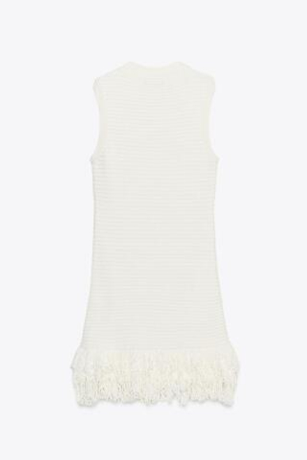 ZARA ТРИКОТАЖНОЕ ПЛАТЬЕ В КЛЕТКУ С БАХРОМОЙ, ЭКРЮ
