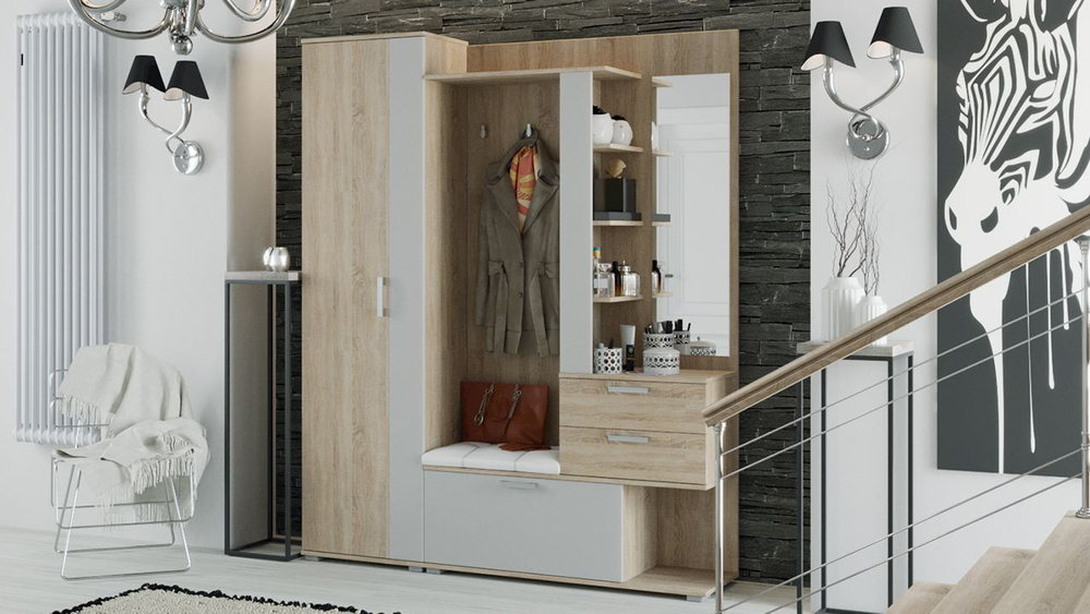 Прихожая с зеркалом комплект мебели Дуб Сонома/Белый (поры дерева) 164х36х200 см