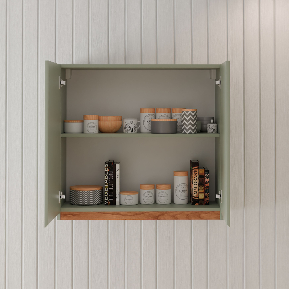 Навесной кухонный шкаф 80 см Малага 2 двери с дубовой панелью, с полкой / зеленый самшит, массив дуба