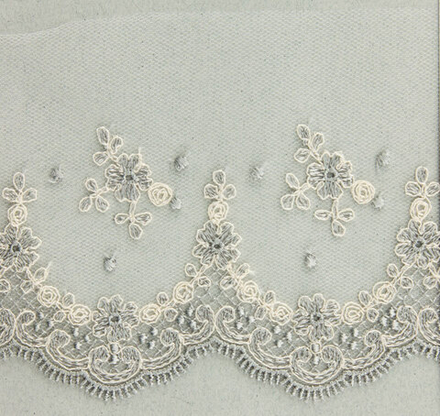 Вышивка хлопком на тюле, 102 мм, цвет светло-серый (10216022/190318/0004024/1_Испания)