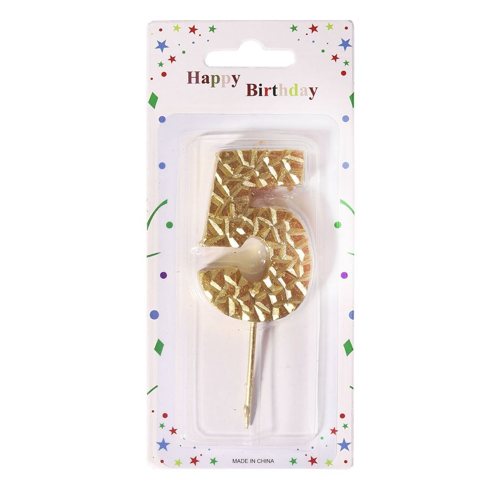 Свеча для торта Alingar, 5-6 см, на пике, "Цифра 5", цвет золото, блистер с европодвесом