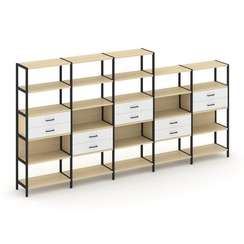 Shelf System Пятисекционный стеллаж пятиярусный с ящиками SN.STM-551 Акация Лорка/Белый/Металл Черны