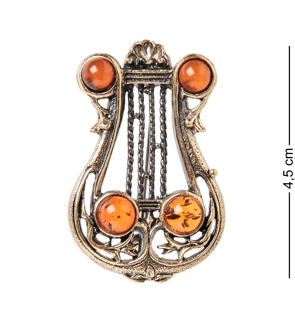 AM- 924 Брошь «Лира» (латунь, янтарь)