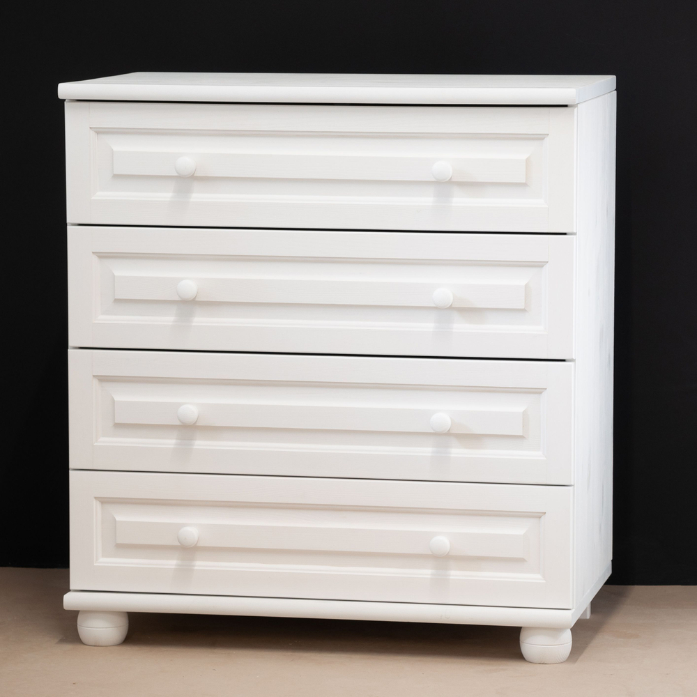 Комод белый с 4 ящиками Харви из массива сосны с филенкой для спальни и кухни в викторианском стиле, комод деревянный для вещей и одежды на ножках напольный
