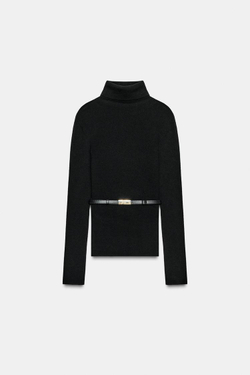 ZARA СВИТЕР ИЗ 100% ШЕРСТИ С ВЫСОКИМ ВОРОТНИКОМ И РЕМНЕМ, ЧЕРНЫЙ
