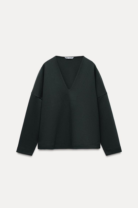 ZARA ТОП ИЗ ИНТЕРЛОКА С V-ОБРАЗНЫМ ВЫРЕЗОМ, ЗЕЛЕНЫЙ