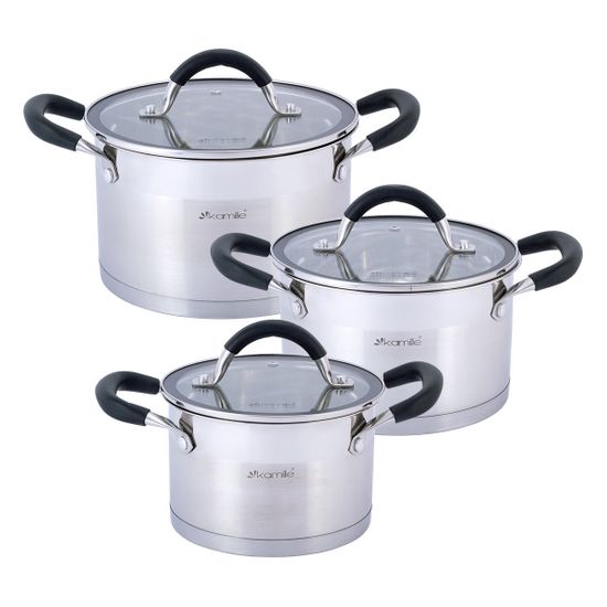 Набор кастрюль 6 предметов из нержавеющей стали Kamille KM 5752 (2,0 л; 2,7 л; 3,7 л) с силиконовыми вставками на ручках