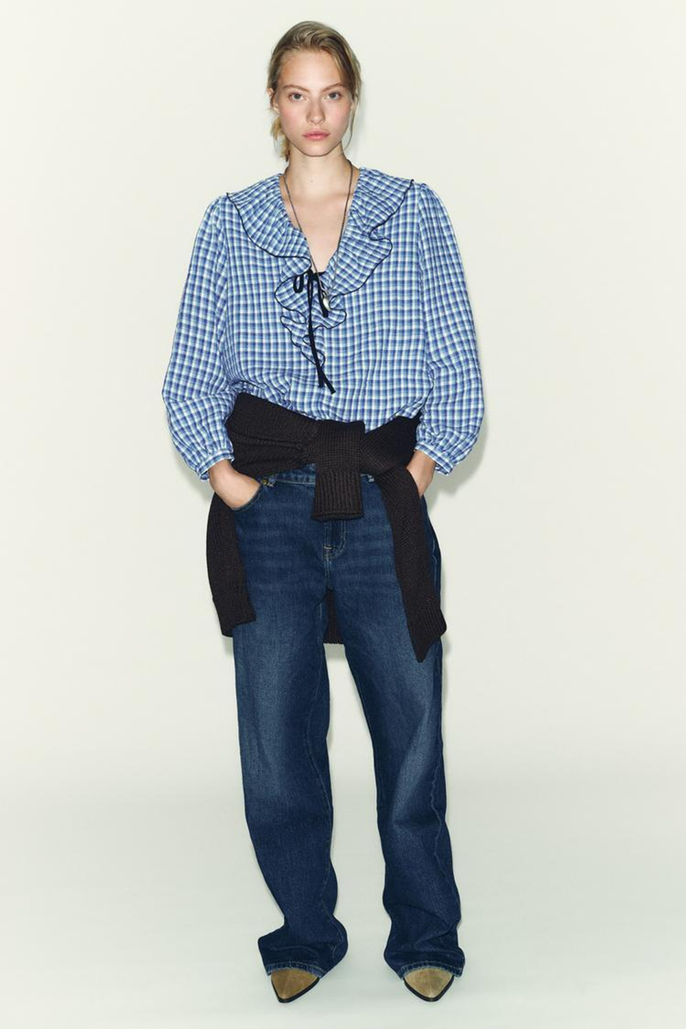 ZARA БЛУЗА В КЛЕТКУ ВИШИ С ВОЛАНАМИ, СИНИЙ/БЕЛЫЙ