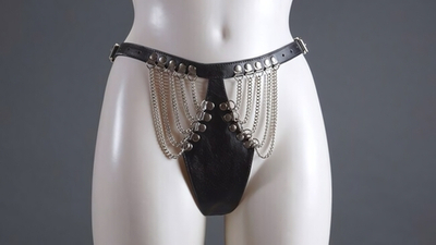 Женские черные кожаные трусы на цепочках (Цвет: черный с серебряным)