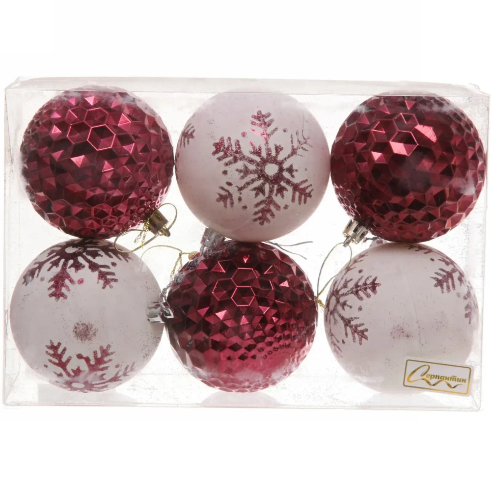 Набор шаров 8 см «Снежное сияние» (в наборе 6 шт), Рубин/Белый
