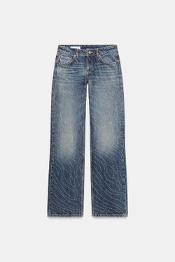 ZARA ДЖИНСЫ TRF WIDE LEG С НИЗКОЙ ПОСАДКОЙ И СТРАЗАМИ, СИНИЙ