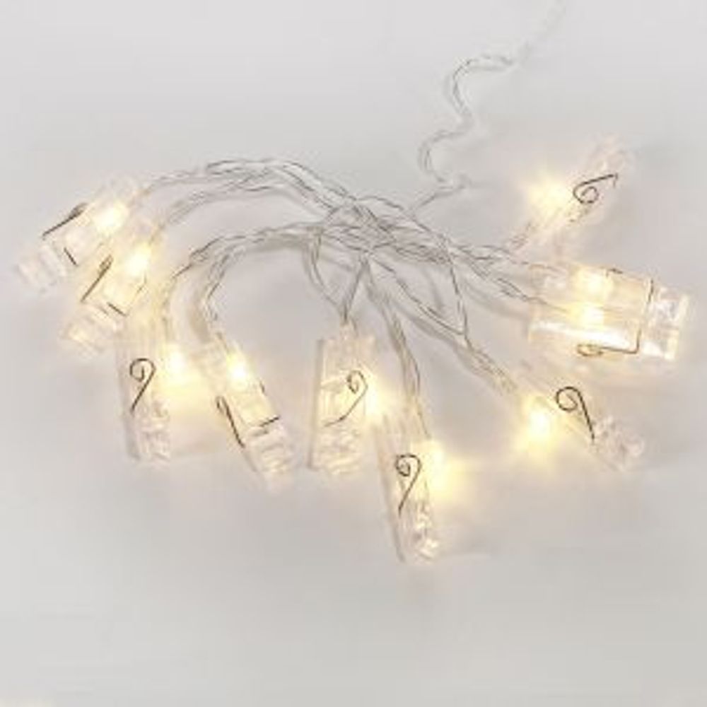 Гирлянда светодиодная Прищепки 10 LED, 1.5 м, прозрачный ПВХ, теплый белый цвет свечения, 2 х АА (ба