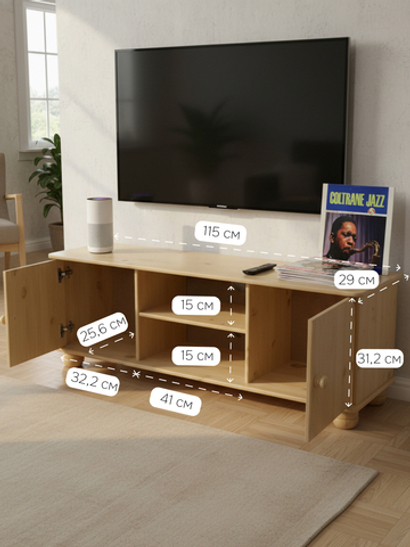 Тумба под телевизор из сосны Хаба 2 двери, 115х29х40, лакированная