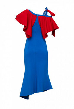 Платье сине-красное трикотажное с воланом 04-02-21SS