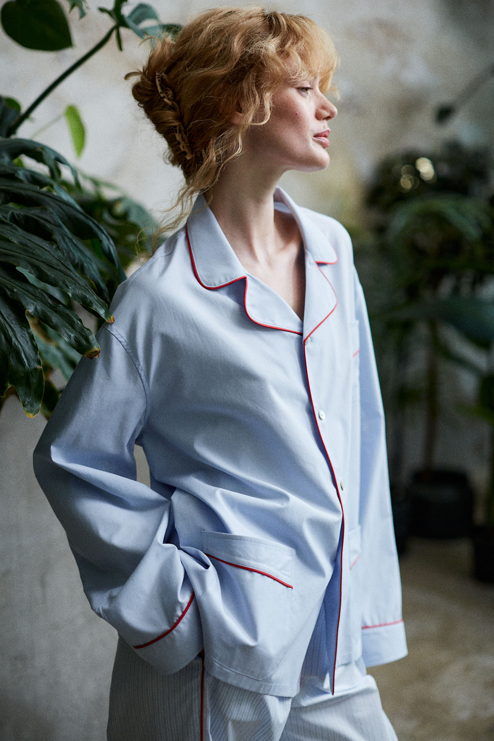 Рубашка из смесового хлопка с кантом голубой