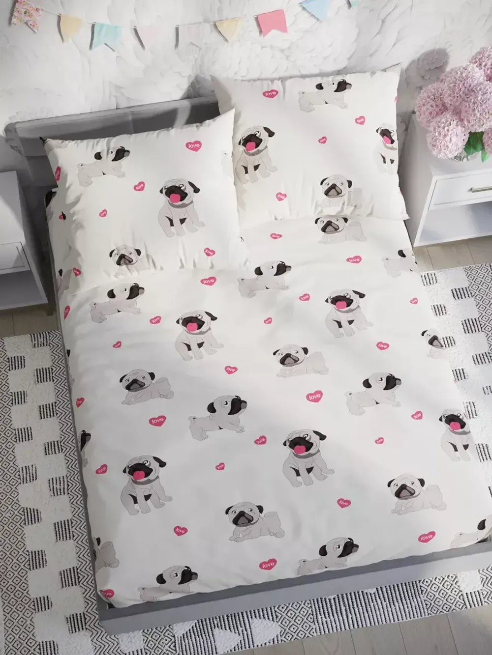 Постельное белье Полисатин Мечта "Мопсики" 1,5-сп Наволочка 50х70 см 1 шт Простынь 150x215 смПододеяльник 145x215 см