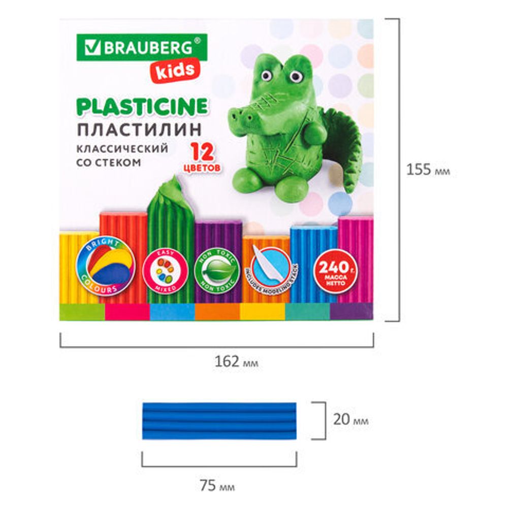 Пластилин классический BRAUBERG "KIDS", 12 цветов, 240 г, стек, ВЫСШЕЕ КАЧЕСТВО,106436