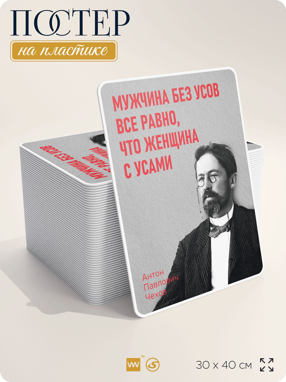 Литературный постер Антон Чехов "Мужчина без усов" на стену, на пластике, для интерьера, 30х40 см, Айдентика Технолоджи
