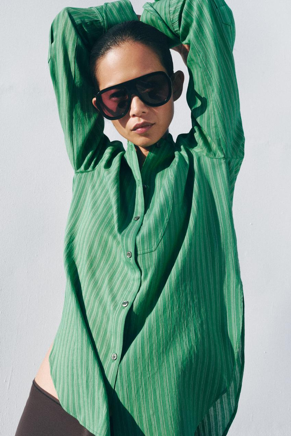 ZARA РУБАШКА В ПОЛОСКУ С НАГРУДНИКОМ — ZW COLLECTION, ЗЕЛЕНЫЙ