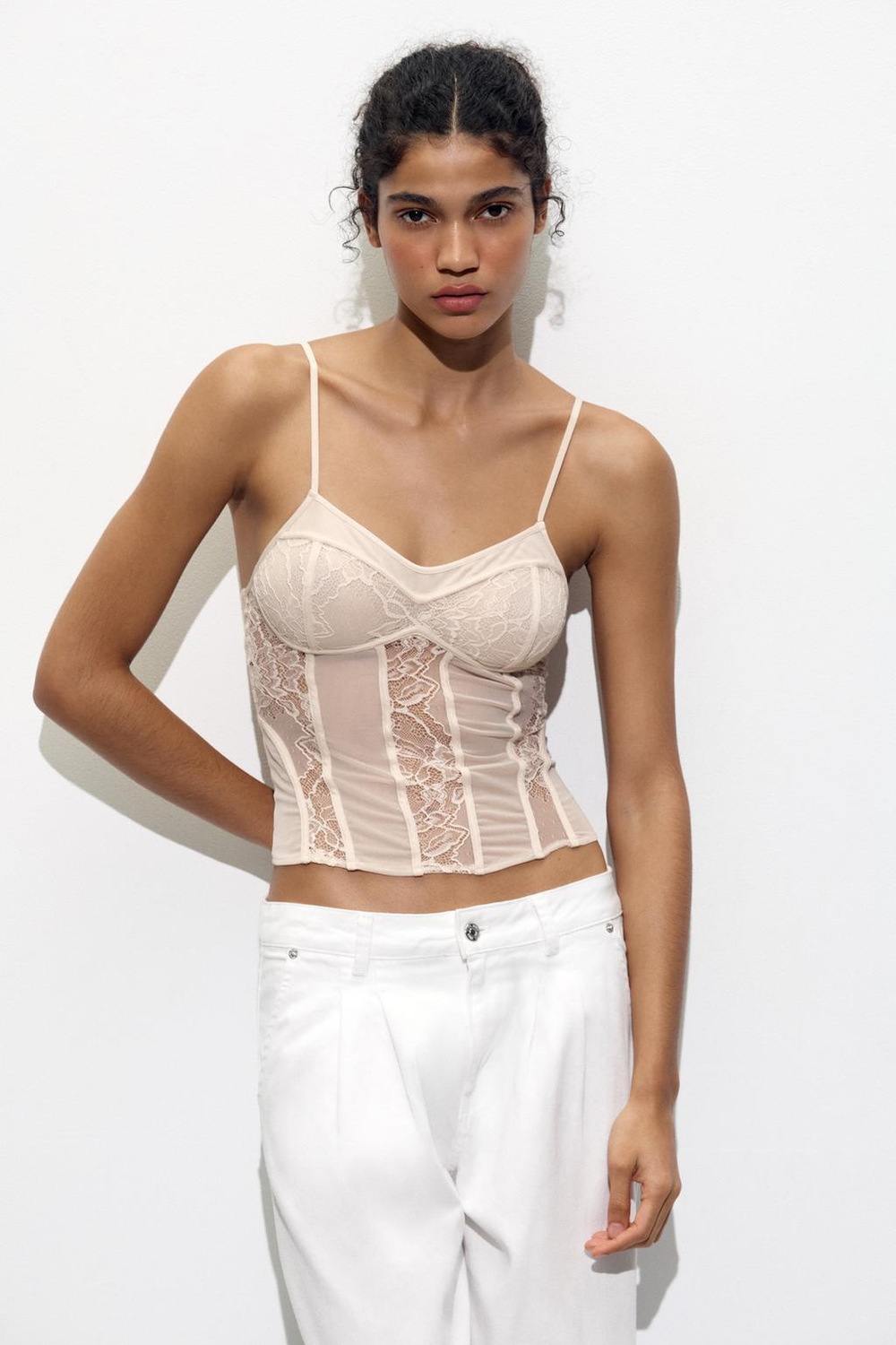 ZARA ТОП В БЕЛЬЕВОМ СТИЛЕ С КРУЖЕВОМ, ТЕЛЕСНО-РОЗОВЫЙ