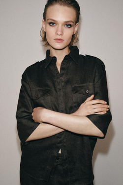 ZARA РУБАШКА ИЗ ЛЬНА С КАРМАНАМИ — ZW COLLECTION, СЕРО-КОРИЧНЕВЫЙ