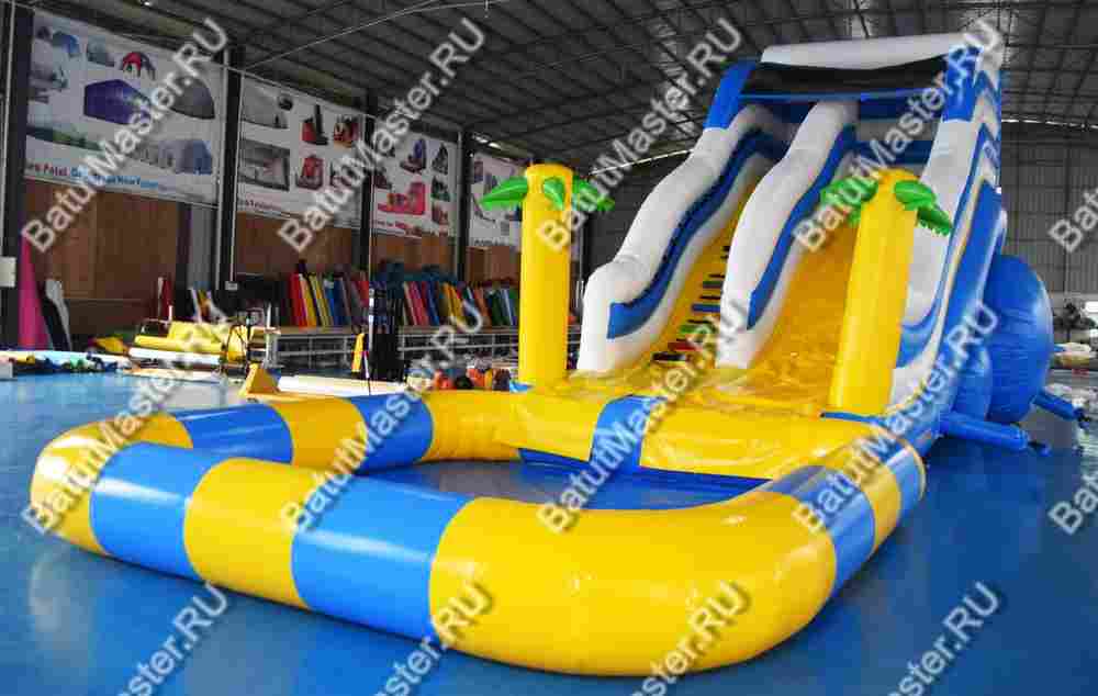 Надувная водная горка с бассейном «Пляжный оазис» с закруглённым бортом, 13*4,5*6 м