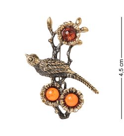 AM-2379 Брошь «Райская Птичка» (латунь, янтарь)
