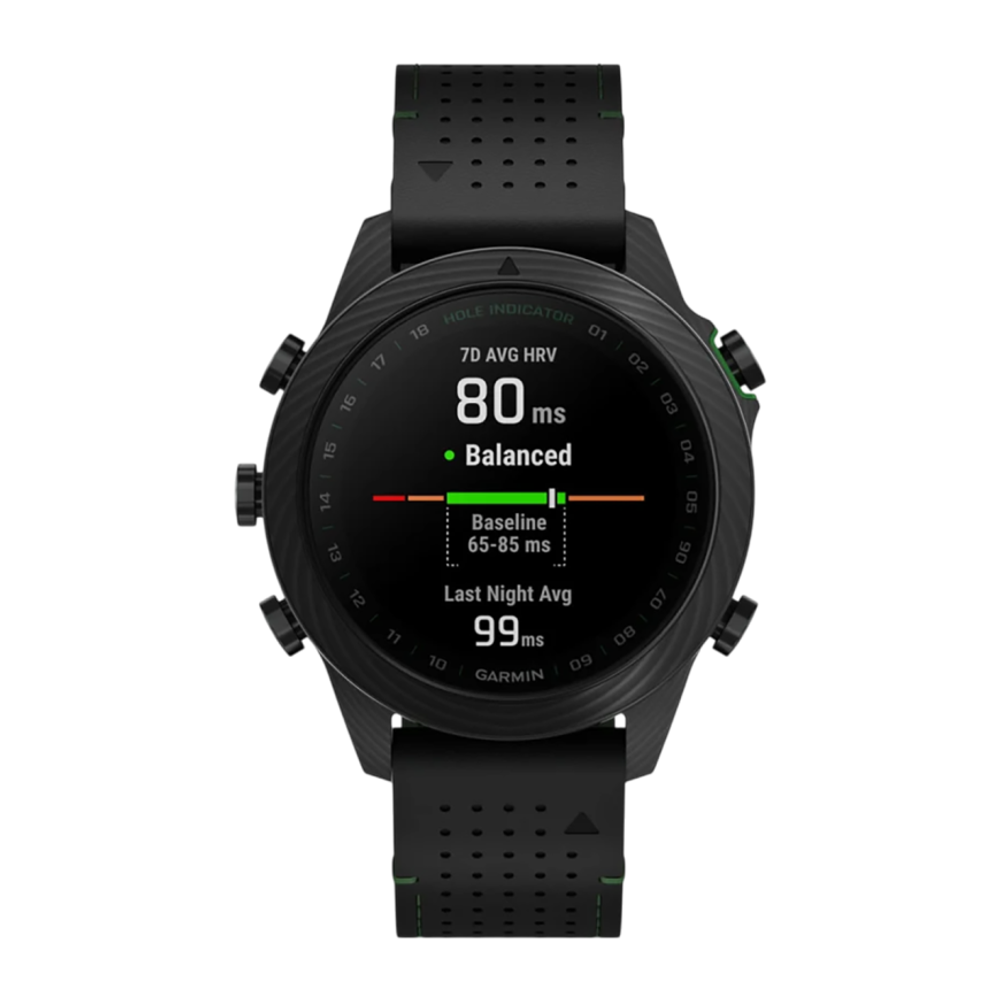 Спортивные часы Garmin MARQ Golfer (Gen 2) Carbon Edition, гибридный ремешок цвета «чёрный/зелёный», чёрный силиконовый ремешок Безель и корпус из углеродного волокна и титана, AMOLED-дисплей с куполообразным сапфировым стеклом. Ремешок из кожи и фторэлас