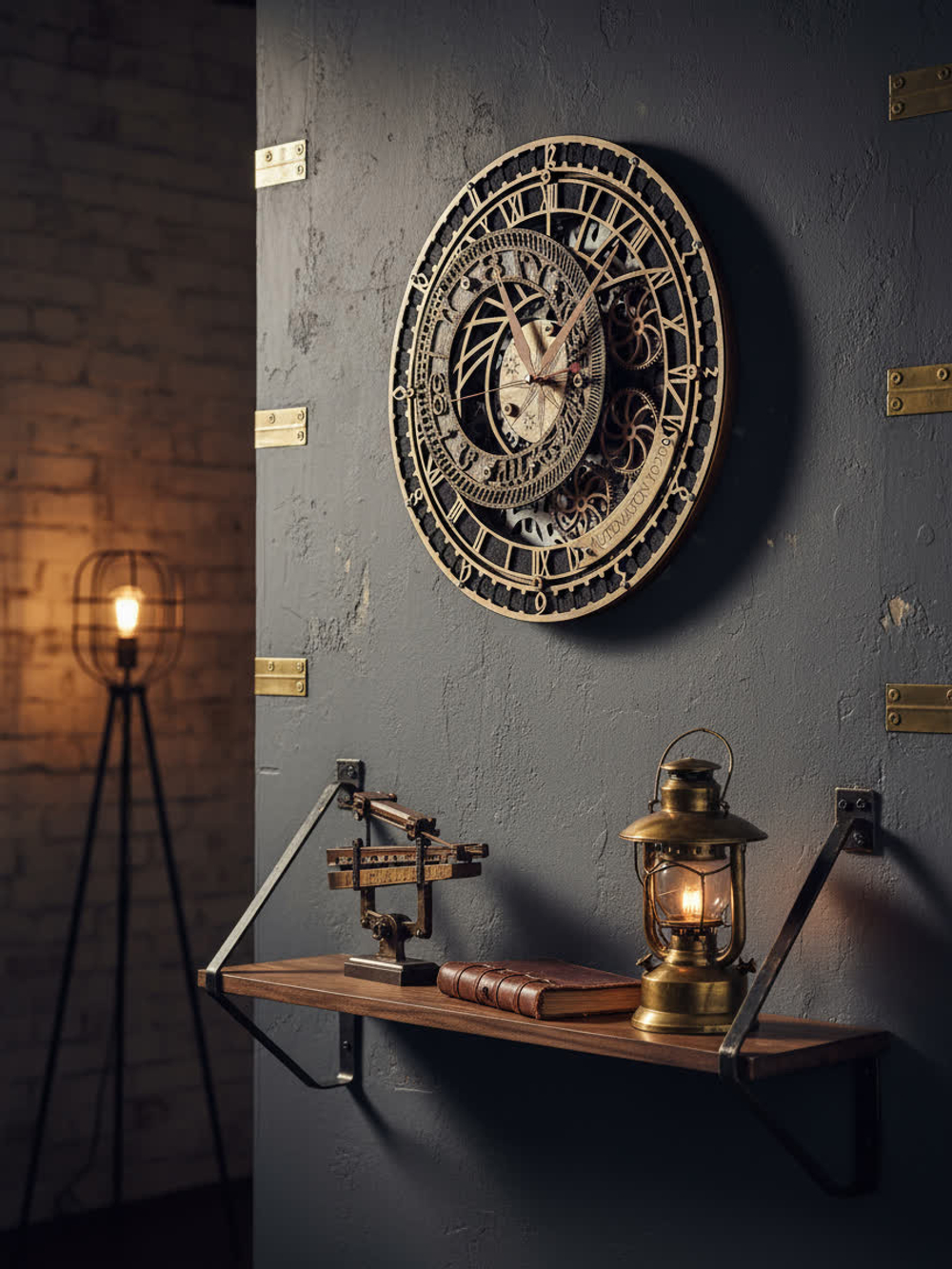 Настенные часы WOODandROOT Automaton Prague на серой стене с латунной лампой и книгами, интерьер в стиле лофт с мягким освещением
