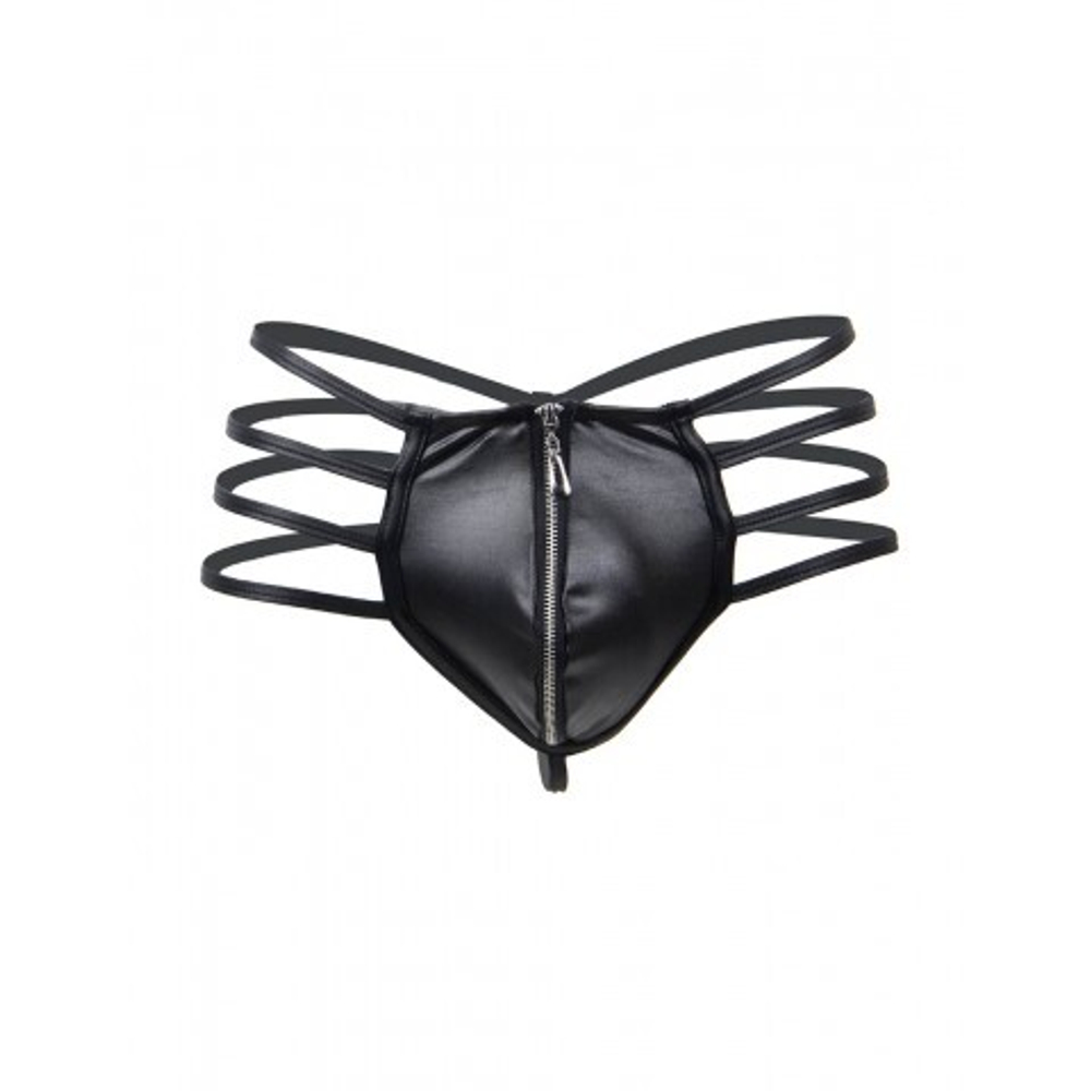 Кожаные мужские стринги Ohyeah Zipper Black, на молнии со стрепами, S