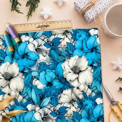 Ткань премиум таффета бело-голубой фантазийный цветник