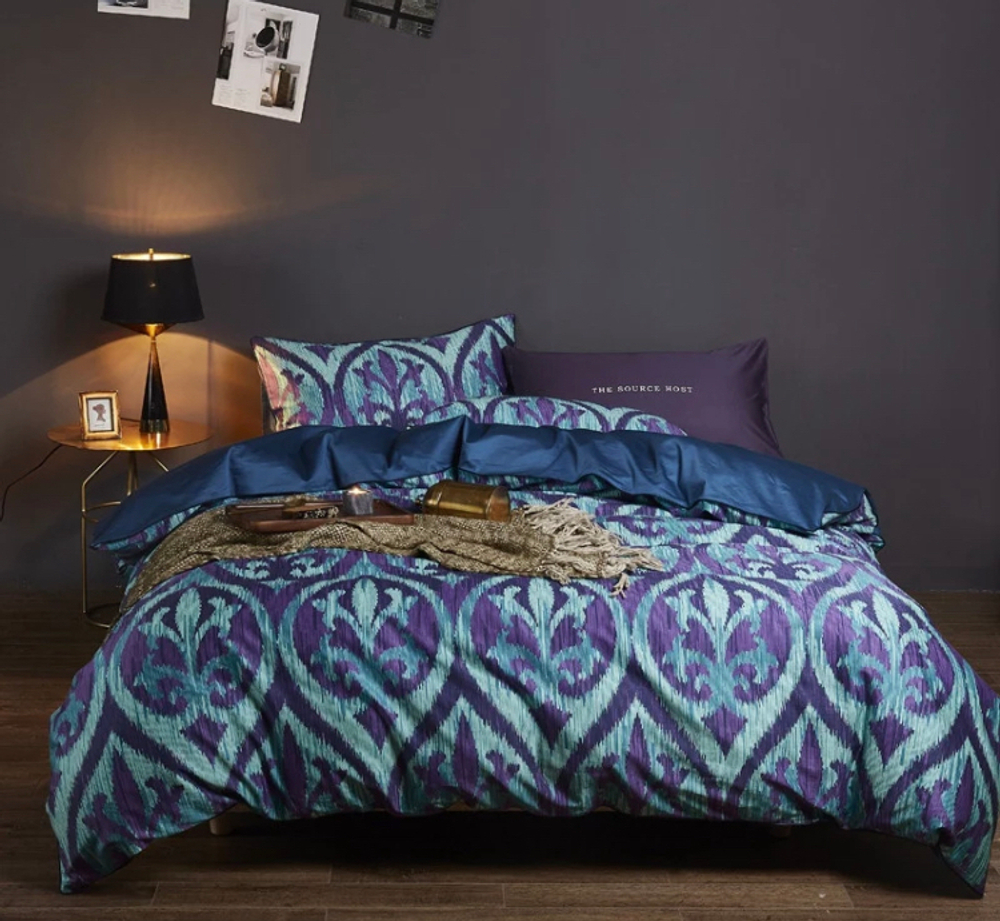 Постельное белье ЕВРО (двуспалка) Египедский Хлопок Голубые узоры на фиолетовом