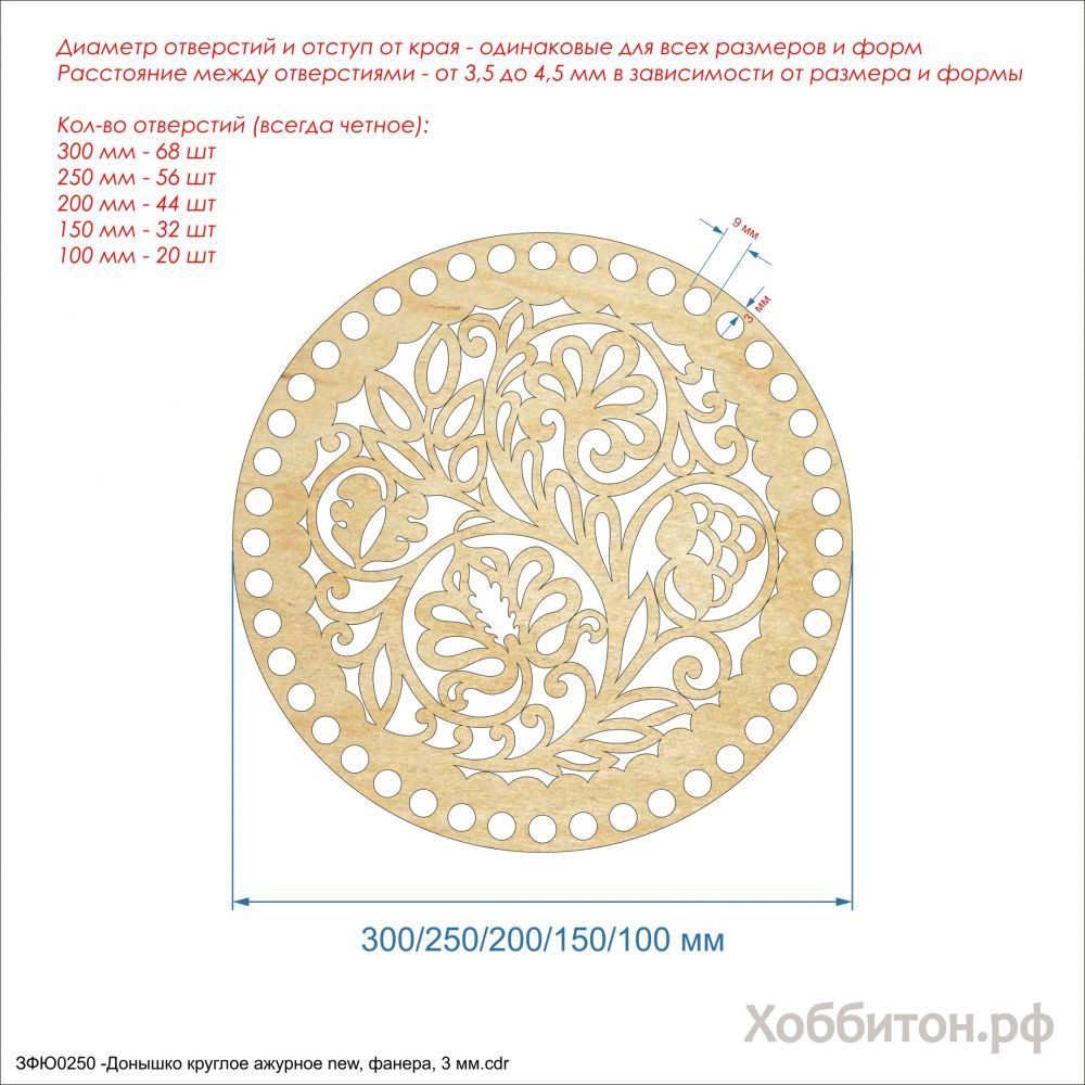Основание для корзины &#39;&#39;Донышко круглое ажурное&#39;&#39; , фанера 3 мм (1уп = 5шт), Арт. ЗФЮ0250