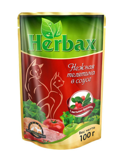 Влажный кром Herbax для взрослых кошек, нежная телятина в соусе с листьями брусники, 100 г