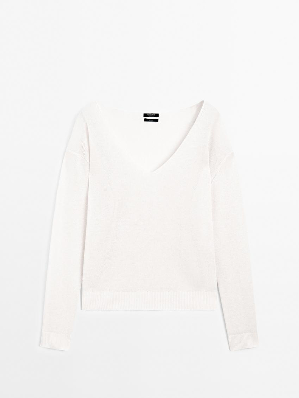 Massimo Dutti Свитер из 100% льна с V-образным вырезом, цвет слоновой кости