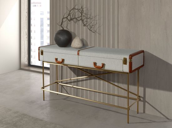 Консольный стол 3271 из шпона ореха и светло-серой ткани