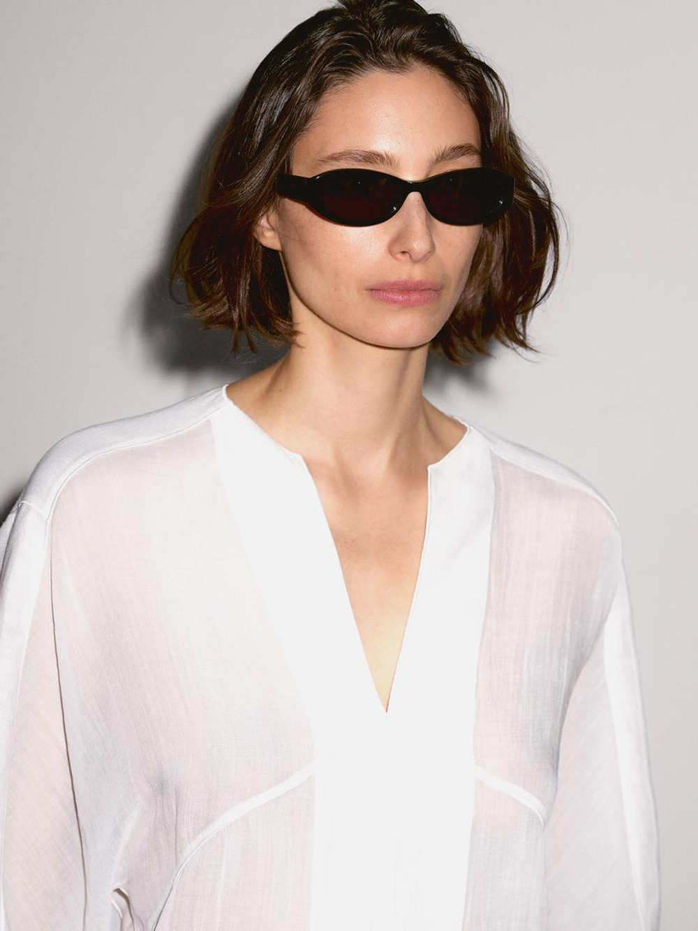 Massimo Dutti Блуза из струящегося льна с декоративными швами, натуральный, кремовый