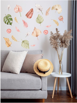 Наклейки интерьерные тропические листья пастельные