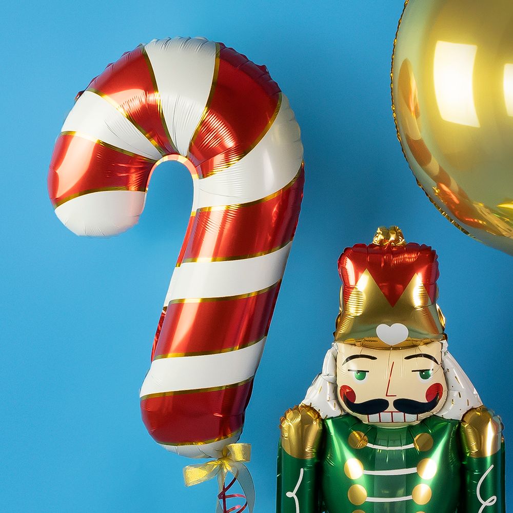 Шар (29''/74 см) Фигура, Леденец трость, Золотая полоска, Белый/Красный, 1 шт.