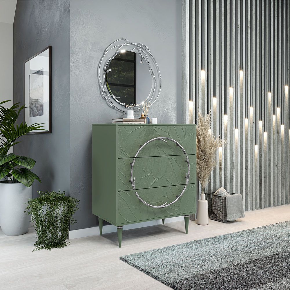 Комод Арт Колор leaves Классик Сильвер с 3 ящиками Зеленый нефрит