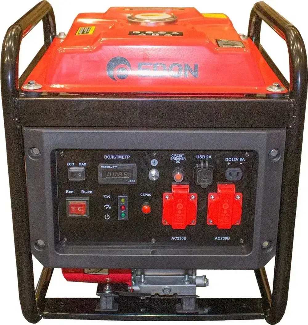 Генератор бензиновый инверторный EDON PT-3800 (3.2 кВт, 2 розетки, ручной запуск, бак 8 л, счетчик моточасов, USB, выход 12В, медная обмотка) / бензогенератор / резервный источник питания